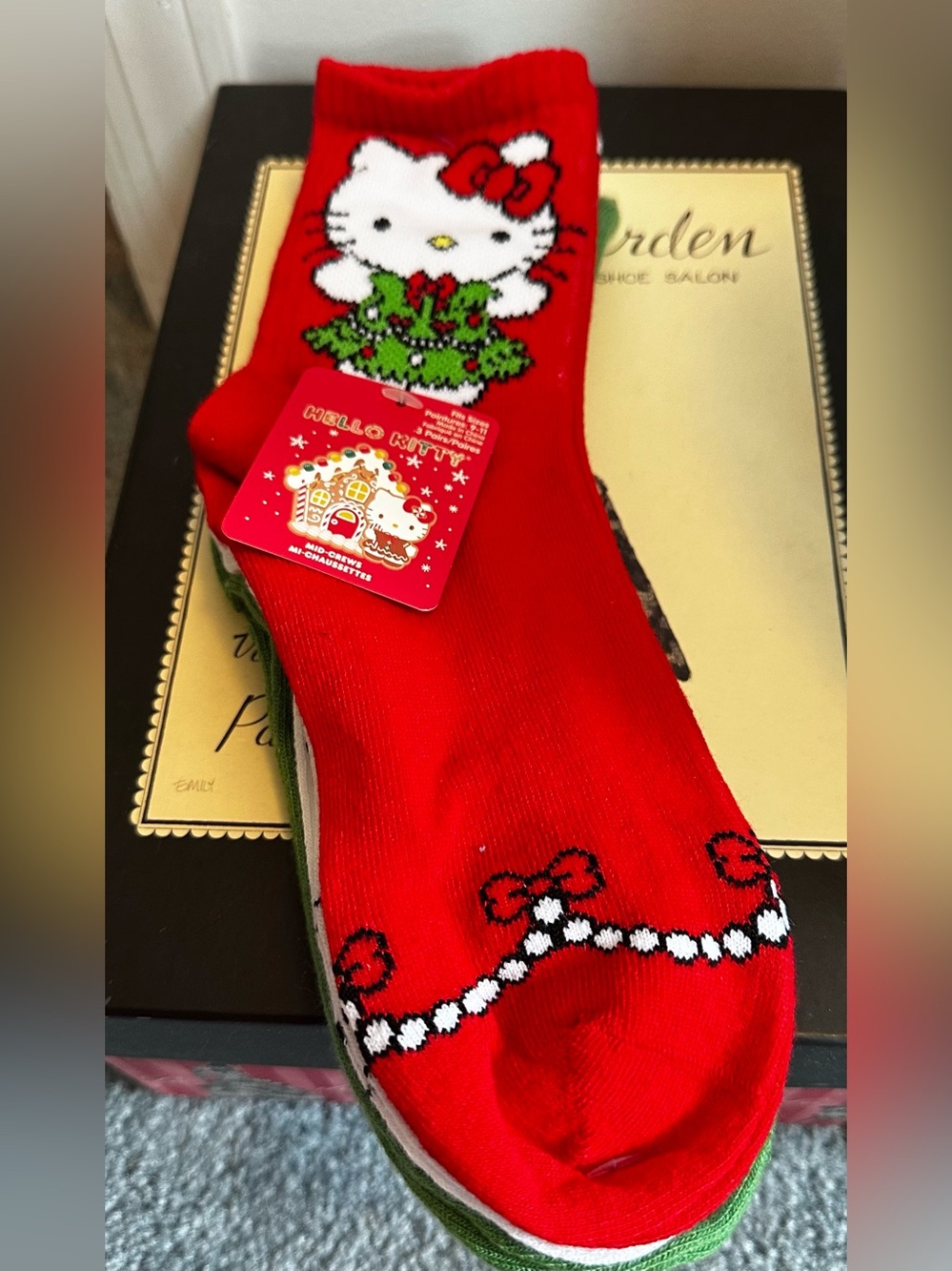 Hello Kitty Bright Red, White & Green Holiday Socks with Tag (3 pairs)